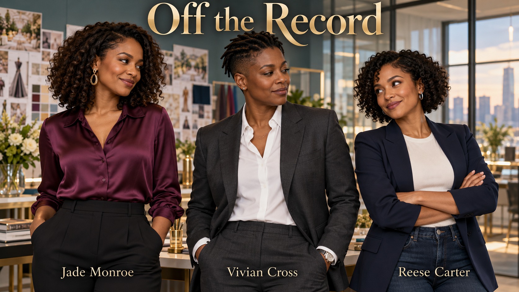 Off the Record cast, from left: Jade Monroe in a plum blouse, Vivian Cross in a tailored charcoal suit with short locs, and Reese Carter in a navy jacket.