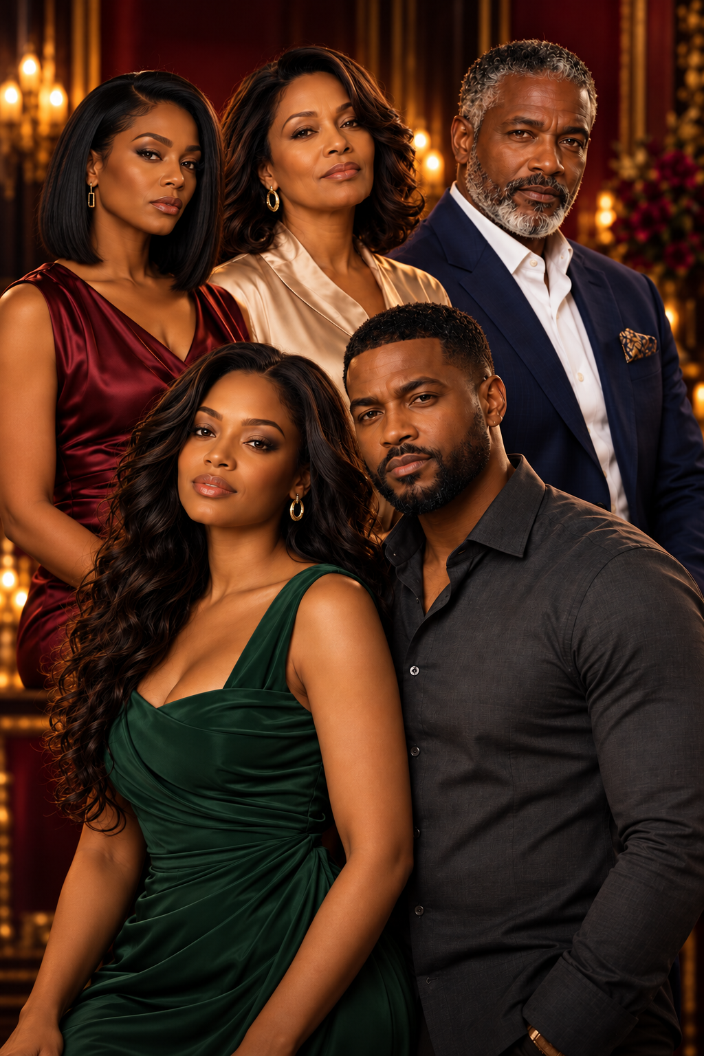 Nia and Damon in front of Vanessa, Simone, and Marcus, the cast of Before He Was Hers